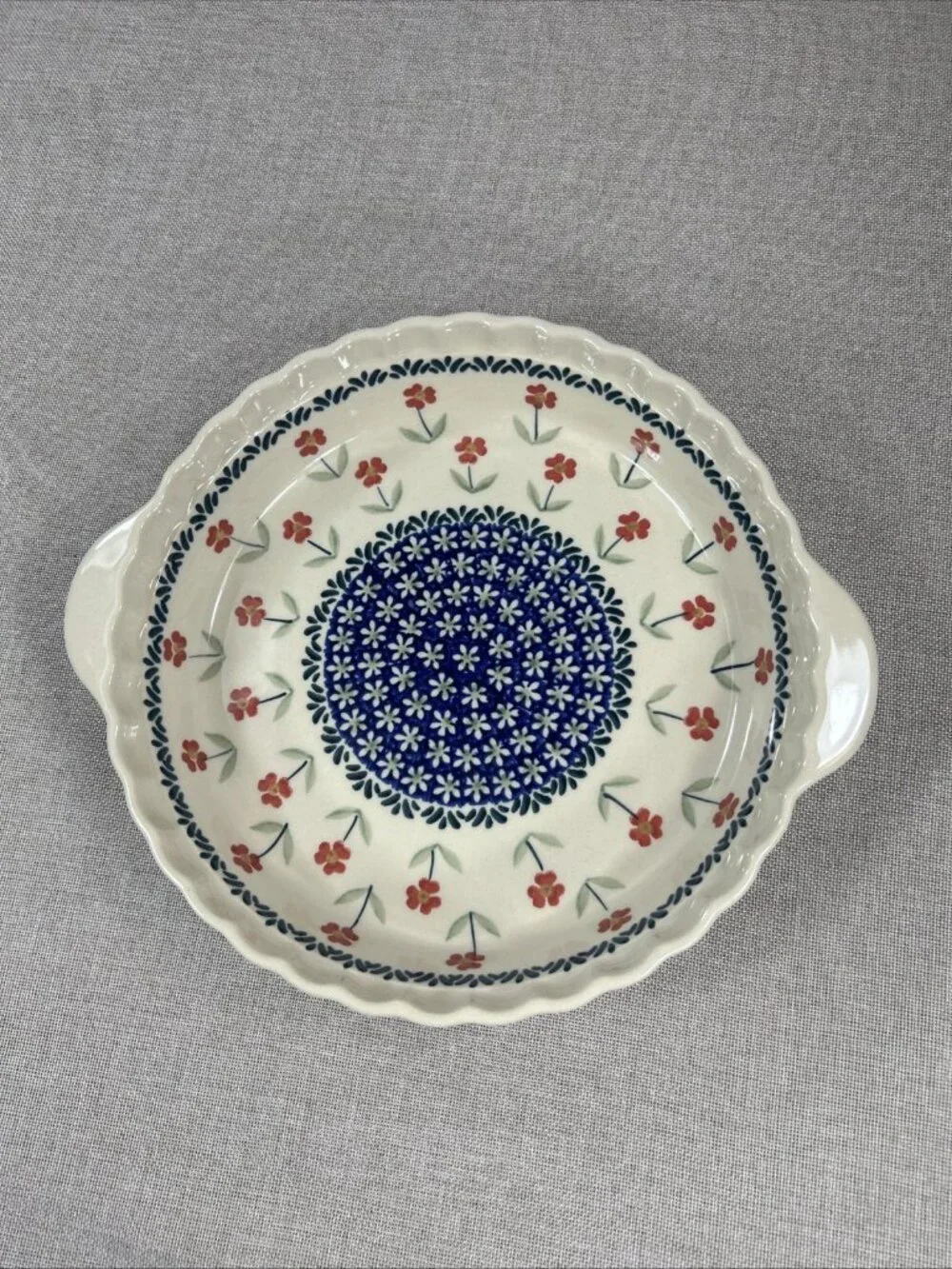 Ceramika z Boleslawca 501 Round Stoneware Pie Dish 9.5” Floral W/ Handles Poland